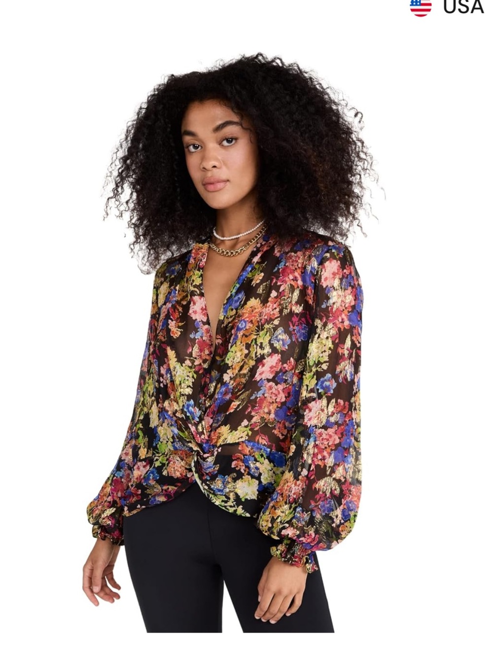 Caroline Constas Floral Twist-Front Sheer Blouse size Small